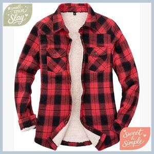 Sherpa Fleece Lined Flannel Jacket Button Down Plaid Shirt Jacket